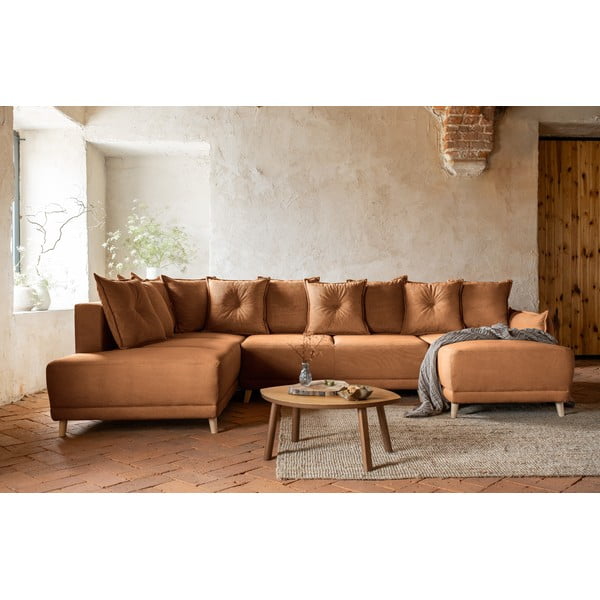 Divano letto angolare in velluto a coste color mattone (angolo sinistro/"U") Lazy Lukka - Miuform-image-1