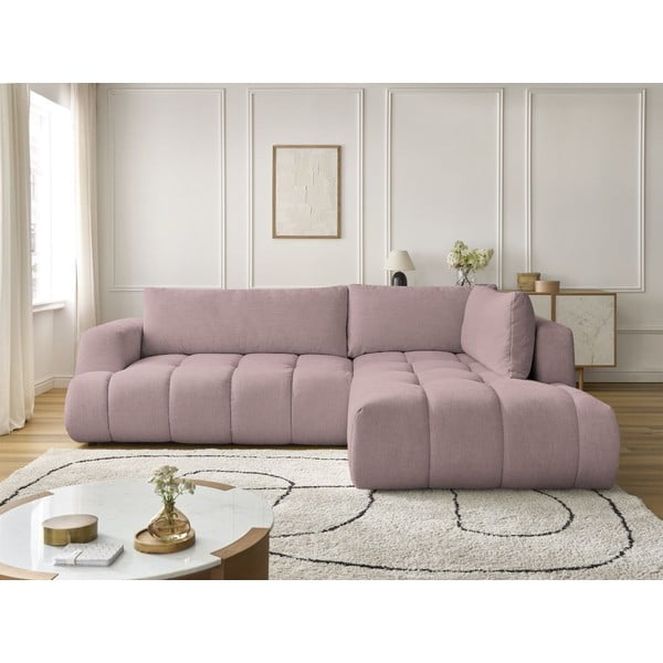 Divano angolare rosa allungabile e con contenitore (penisola a destra/a L) con rivestimento in ciniglia Fuji – Bobochic Paris-image-1