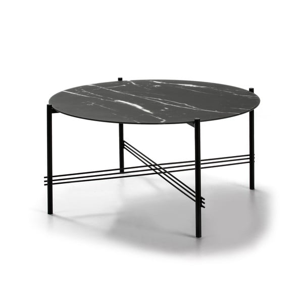 Tavolino nero con piano in vetro con decoro in marmo , ø 84 cm Kendall - Marckeric