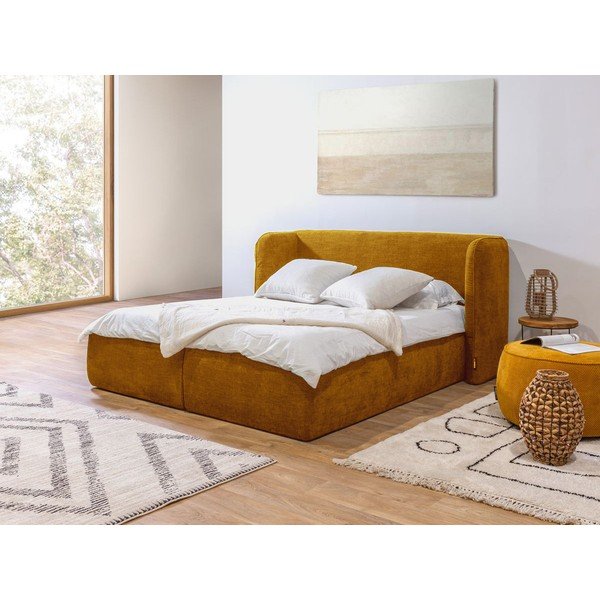 Letto matrimoniale imbottito giallo con contenitore con griglia 160x200 cm Louise - Bobochic Paris-image-1