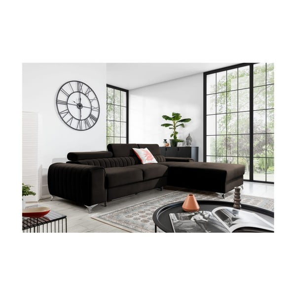 Divano angolare marrone scuro allungabile/con contenitore (con penisola a destra/con chaise lounge) e rivestimento in velluto Grayson – ELTAP-image-1