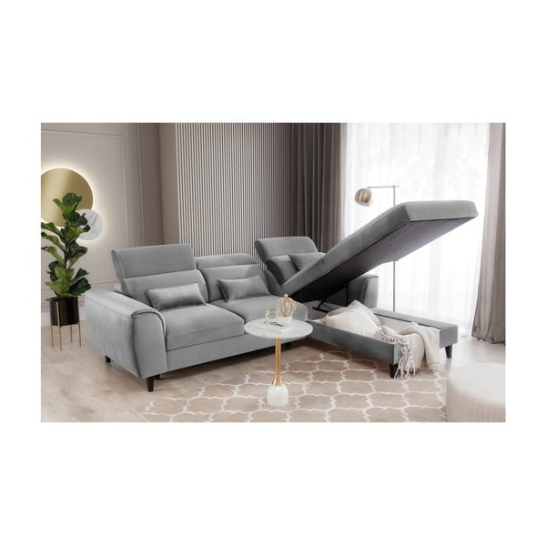 Divano angolare grigio allungabile/con contenitore (con penisola a destra/con chaise lounge) e rivestimento in velluto Foble – ELTAP-image-4