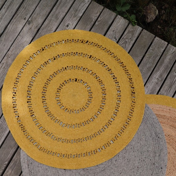 Tappeto giallo senape in misto lana e cotone, fatto a mano, ø 140 cm Bibek - Nattiot-image-2