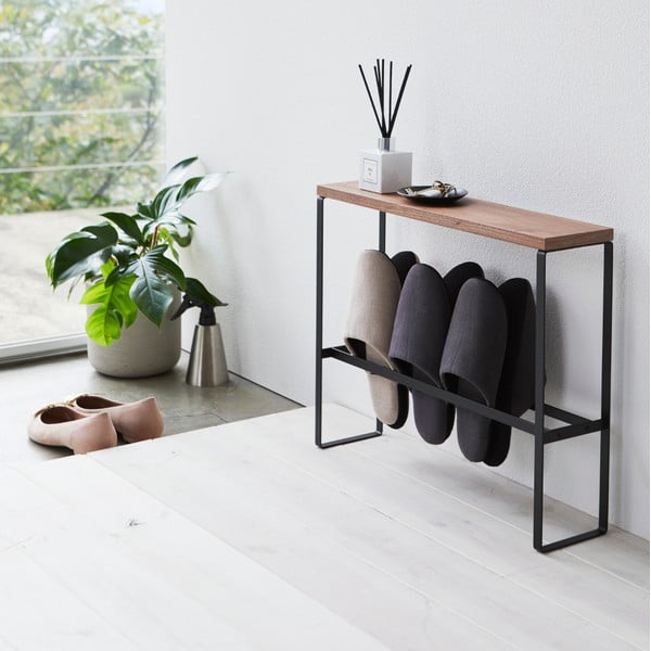 Pantofolaio in metallo di colore nero-naturale Tower - YAMAZAKI-image-3