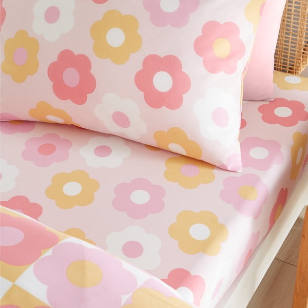 Lenzuolo con angoli per bambini rosa per letto singolo 90x190 cm Retro Daisy – Catherine Lansfield-image-1