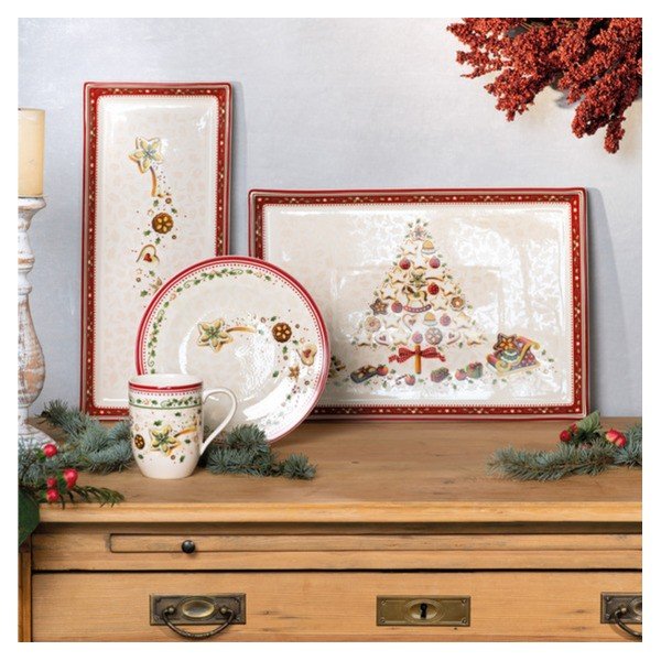 Piatto da portata in porcellana rossa e beige con motivo natalizio Villeroy & Boch, 39,7 x 17,3 cm - Villeroy&Boch