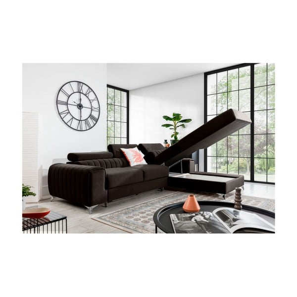 Divano angolare marrone scuro allungabile/con contenitore (con penisola a destra/con chaise lounge) e rivestimento in velluto Grayson – ELTAP-image-3