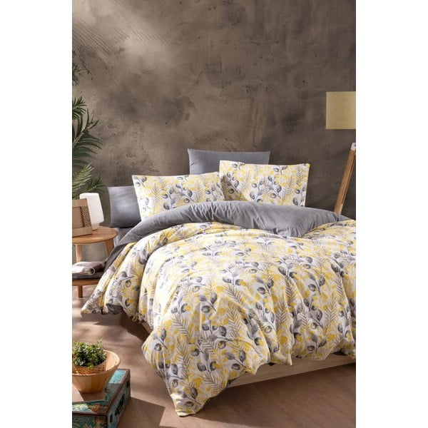 Biancheria da letto gialla/grigia per letto matrimoniale/per letto prolungato con lenzuolo incluso/4 pz 200x220 cm Leaves – Mila Home