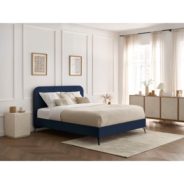 Letto matrimoniale in blu scuro imbottito con rete inclusa 160x200 cm Prune – Bobochic Paris-image-1
