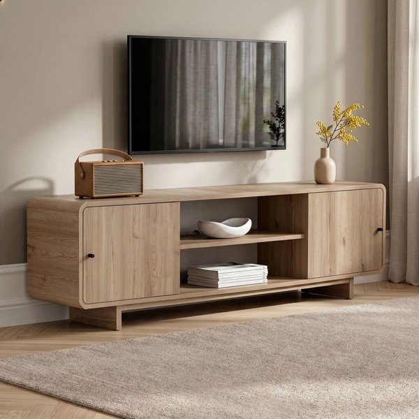 Mobile TV colore naturale chiaro con effetto rovere 180x52x34 cm Mirel – Nordure-image-3