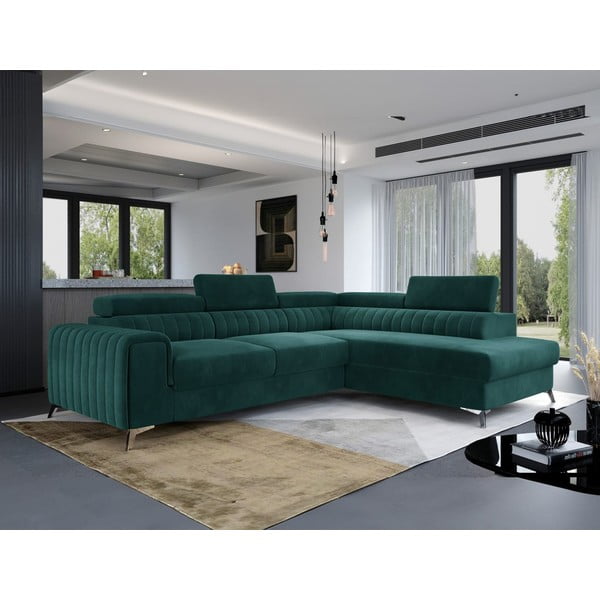 Divano angolare verde allungabile/con contenitore (con penisola a destra/a L) e rivestimento in velluto Laurence – ELTAP-image-1