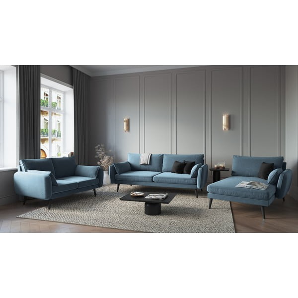 Poltrona lounge in velluto azzurro con gambe nere, angolo destro Lento - Kooko Home-image-3