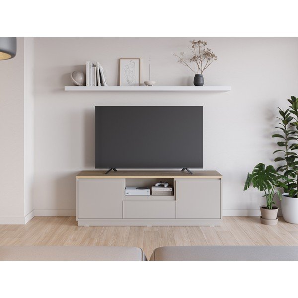 Mobile TV beige con effetto rovere 161x55x40 cm Loreta – Marckeric-image-1