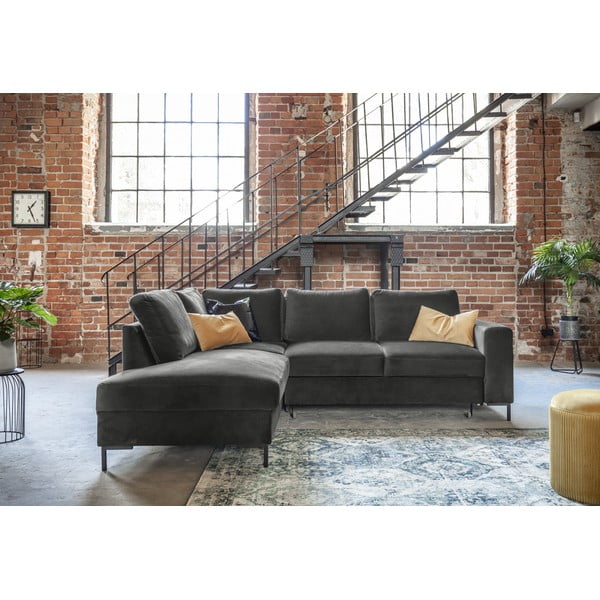 Divano letto angolare in velluto grigio scuro (angolo sinistro) Lofty Lilly - Miuform-image-1