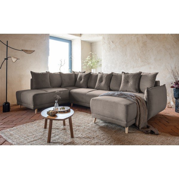 Divano letto angolare in velluto a coste marrone chiaro (angolo sinistro a forma di U) Lazy Lukka - Miuform-image-4