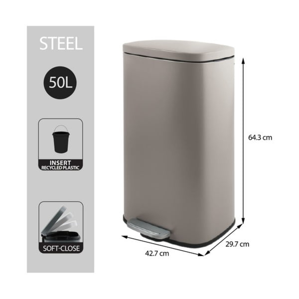 Cestino per la spazzatura grigio tortora in acciaio con pedale 50 l   Akira – Spirella-image-3