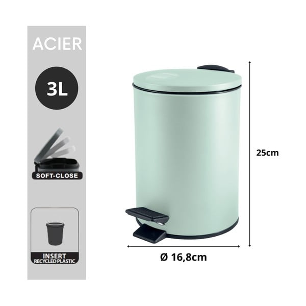 Cestino per la spazzatura color menta in acciaio con pedale 3 l   Adelar – Spirella-image-3