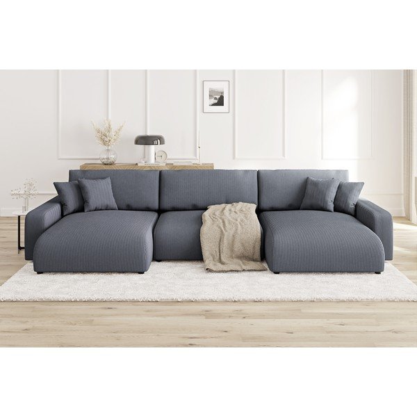 Divano angolare grigio scuro allungabile/con contenitore (a U) con rivestimento in velluto a coste Sara – Ropez-image-1