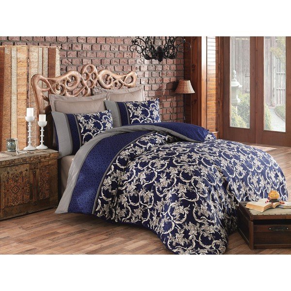 Lenzuolo matrimoniale in cotone sateen blu scuro con lenzuolo e copriletto 240x260 cm Pera - Mijolnir-image-1