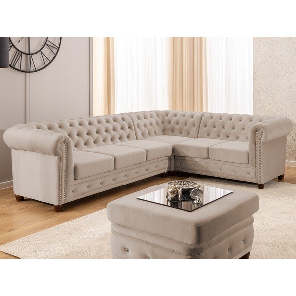 Divano angolare beige allungabile (con penisola a destra/a L) con rivestimento in velluto York Blik – Ropez-image-1