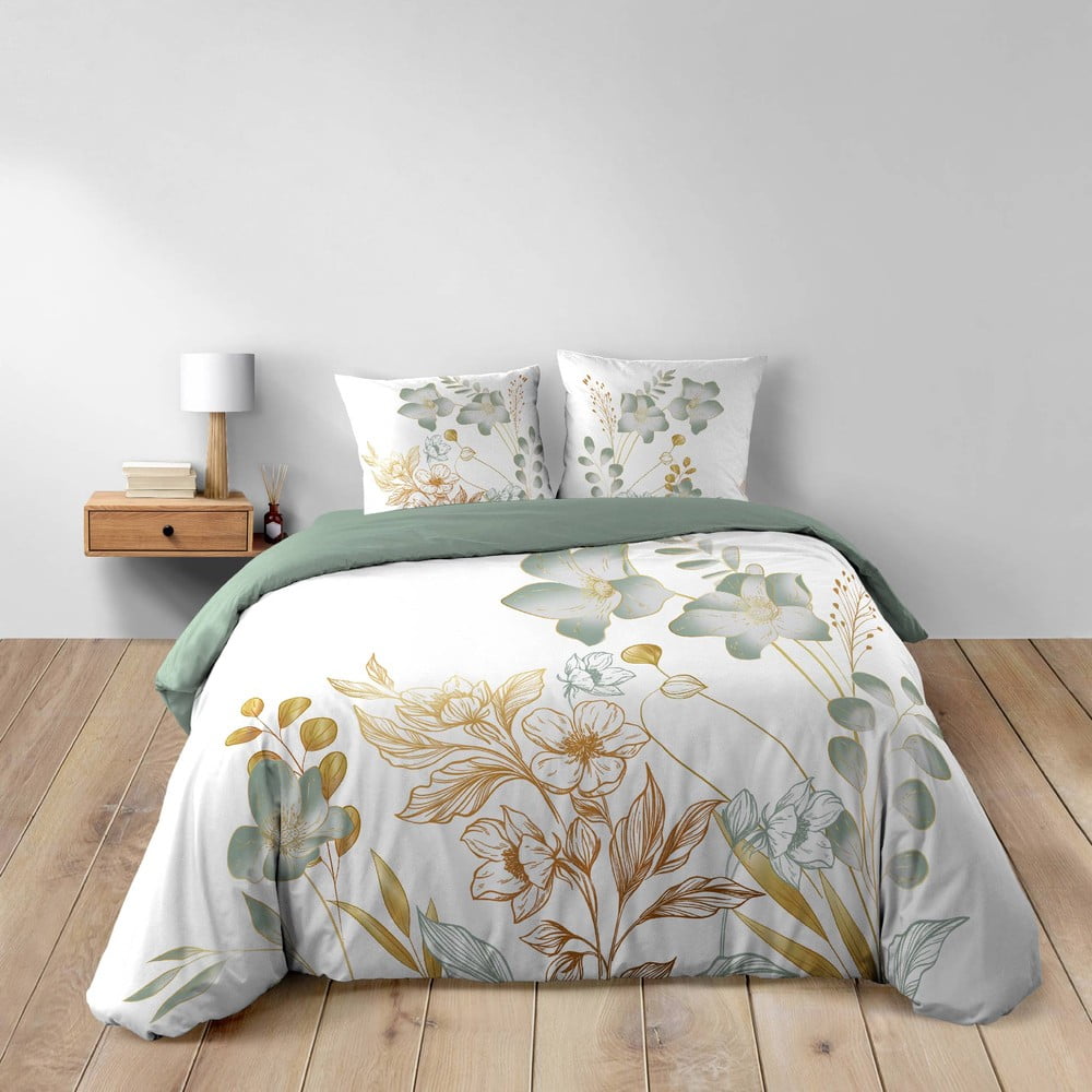 Set copripiumino e federa bianco/verde in cotone per letto matrimoniale ed esteso 240x220 cm Lolita – douceur d'intérieur | Biancheria da letto
