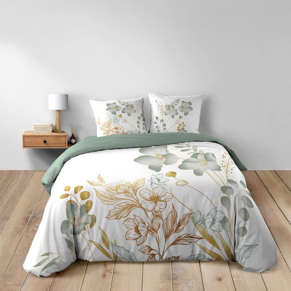 Set copripiumino e federa bianco/verde in cotone per letto matrimoniale ed esteso 240x220 cm Lolita – douceur d'intérieur
