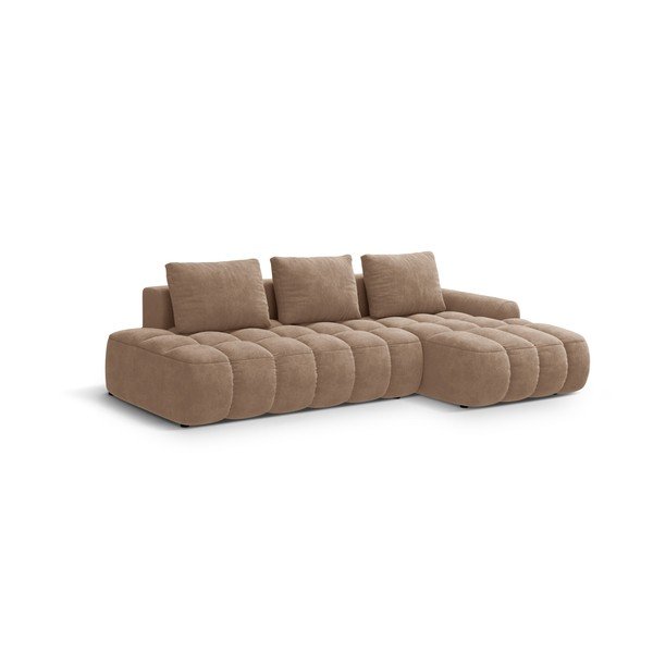 Divano angolare marrone chiaro allungabile/con contenitore (con penisola a destra/con chaise lounge) con rivestimento in velluto Linz – Cosmopolitan Design-image-2
