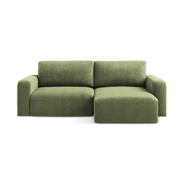 Divano angolare verde allungabile/con contenitore (con penisola a destra/con chaise lounge) con rivestimento in ciniglia Kona – Makamii