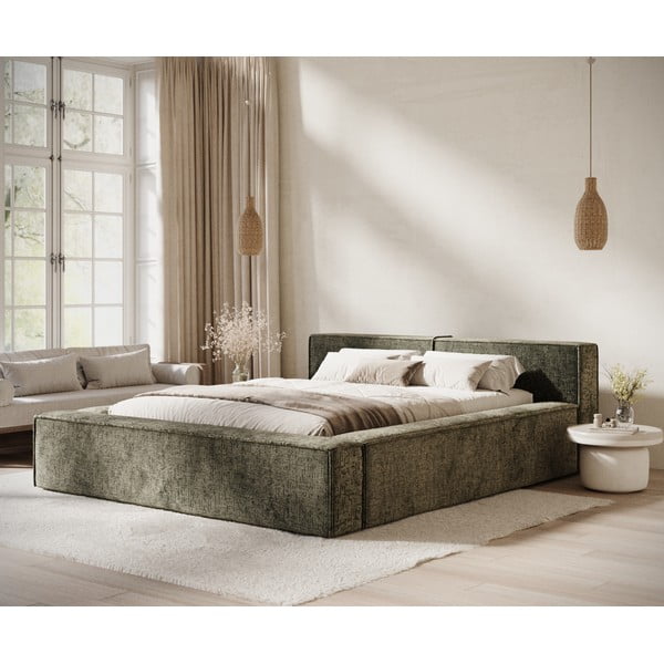 Letto matrimoniale imbottito verde scuro con contenitore e rete inclusi 180x200 cm Voliera – Maison de Rêve-image-1