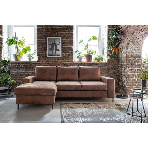 Divano letto vintage in similpelle marrone, angolo sinistro Lofty Lilly - Miuform-image-1