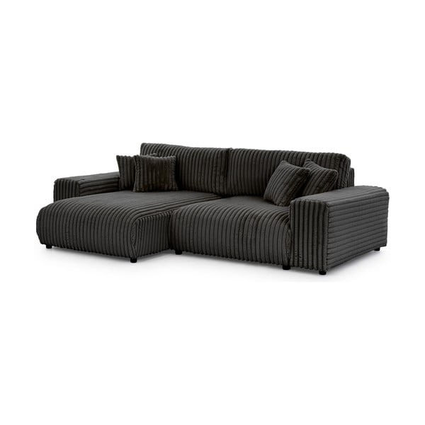 Divano angolare con penisola a sinistra grigio scuro e rivestimento in velluto a coste allungabile e con contenitore Sarina – Ropez