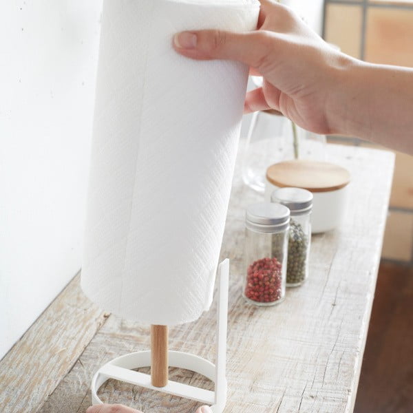 Porta rotolo di carta bianca con dettaglio in faggio Tosca - YAMAZAKI-image-2