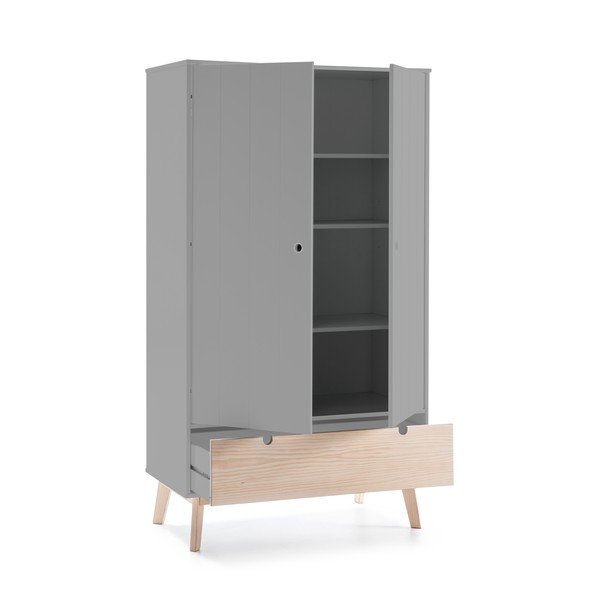 Armadio per bambini grigio con gambe in legno di pino Kiara - Marckeric-image-3