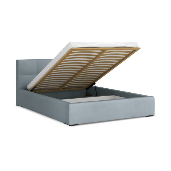 Letto matrimoniale imbottito azzurro in velluto con contenitore con rete inclusa 140x200 cm Hiko – Makamii-image-1