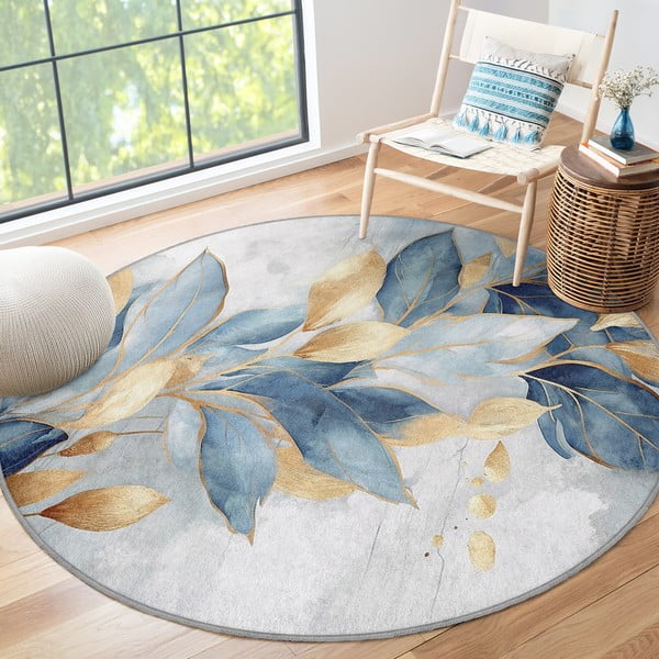 Tappeto rotondo blu/dorato lavabile ø 80 cm Golden Leaves – Mila Home-image-4