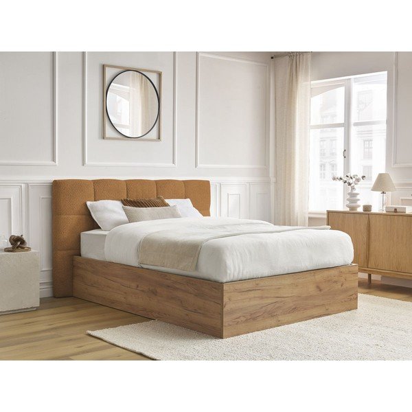 Letto matrimoniale imbottito/in truciolato giallo ocra imbottito con contenitore con rete inclusa 160x200 cm Kumo – Bobochic Paris-image-3