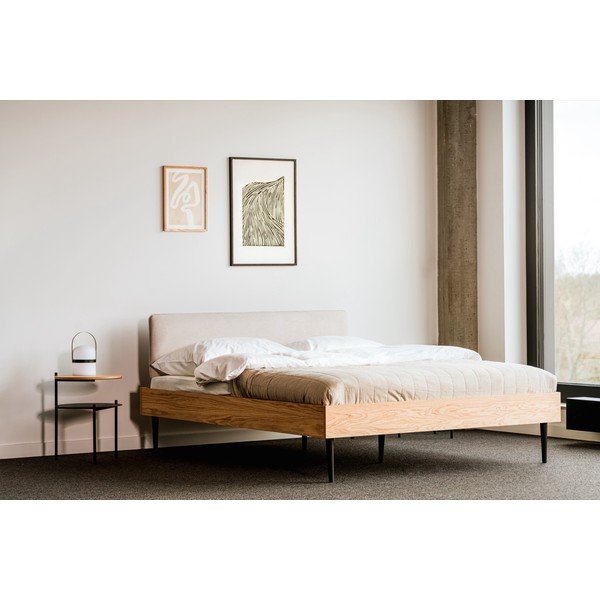 Letto matrimoniale imbottito/in truciolato di colore naturale con effetto rovere con rete inclusa 180x200 cm Streiko – noo.ma-image-1
