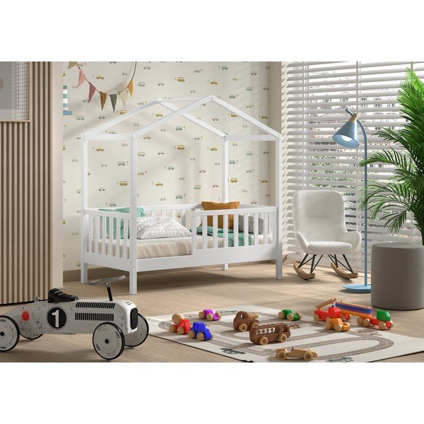 Letto da bambini a forma di casa bianco in pino massiccio con rete inclusa 70x140 cm DALLAS – Vipack-image-3