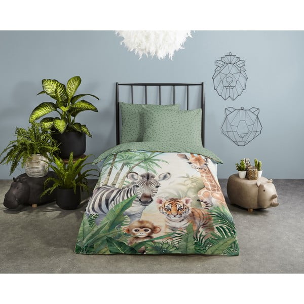 Set copripiumino e federa da bambini verde in cotone per letto singolo 140x200 cm Thabo – Good Morning-image-1