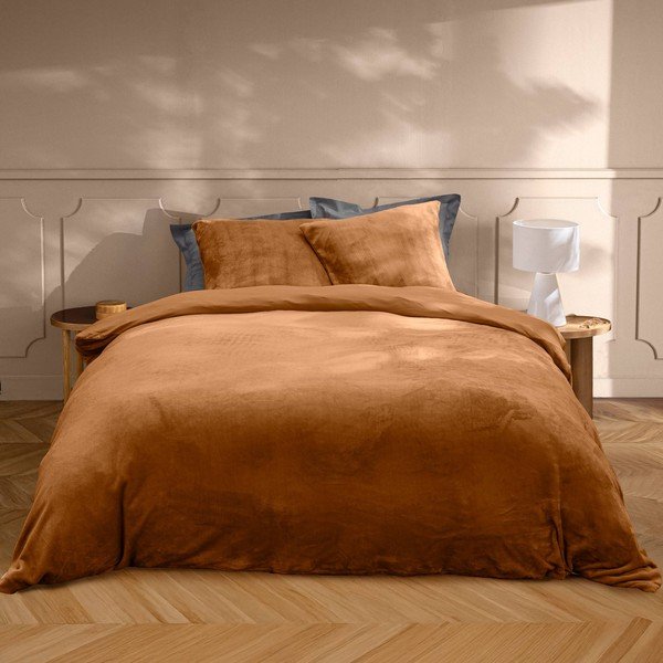 Set copripiumino e federa marrone chiaro in microflanella per letto matrimoniale/per letto esteso 3 pezzi 240x220 cm Flanou – douceur d'intérieur-image-1