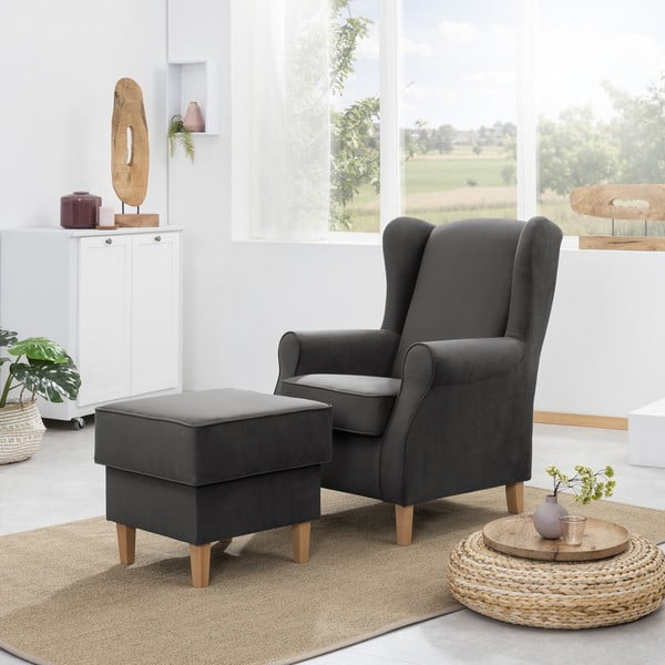 Poltrona in velluto antracite con pouf Lorris - Max Winzer-image-1