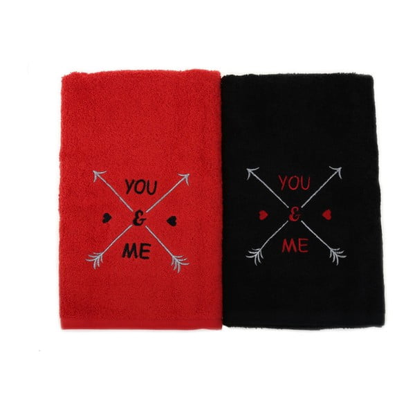 Set di 2 asciugamani in cotone nero e rosso You & Me, 50 x 90 cm - Foutastic