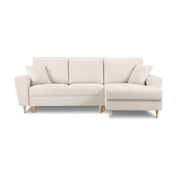 Divano angolare beige allungabile e con contenitore (con penisola a destra/con chaise lounge) con rivestimento in bouclé Kyoto – Cosmopolitan Design