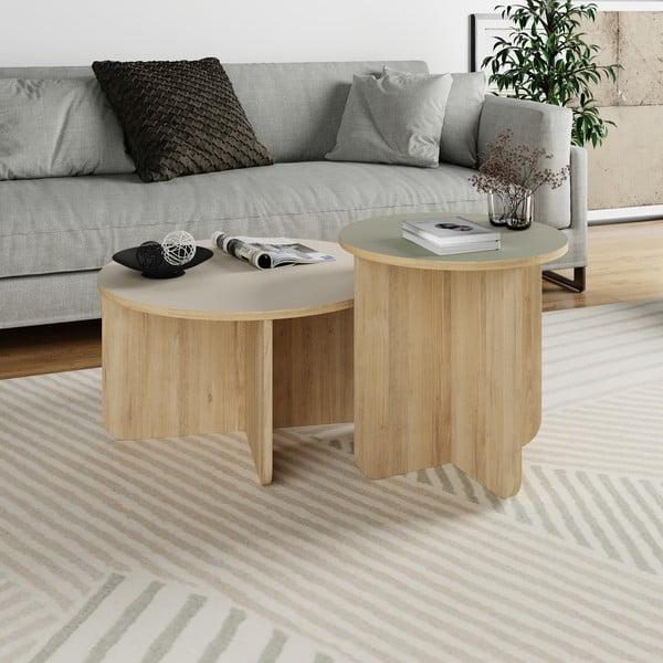 Set di tavolini da salotto rotondi crema/di colore naturale con effetto rovere 2 pz ø 70 cm Hillary – Marckeric-image-2