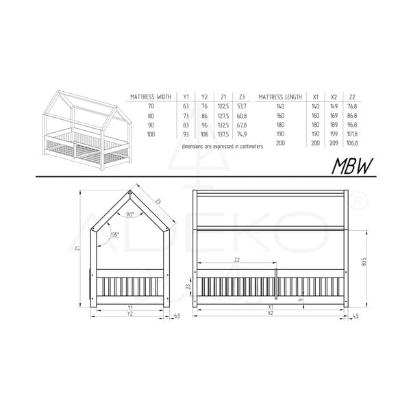 Letto per bambini in legno di pino di colore naturale 80x160 cm Mila MBW - Adeko-image-3