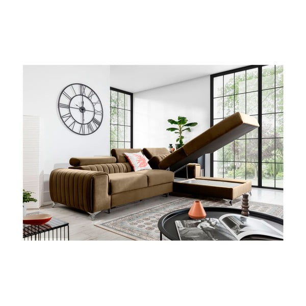 Divano angolare marrone chiaro allungabile/con contenitore (con penisola a destra/con chaise lounge) e rivestimento in velluto Grayson – ELTAP-image-3