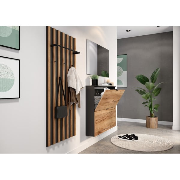 Scarpiera color antracite/di colore naturale con effetto rovere con ante ribaltabili/da parete 100x85x19 cm Renell – Germania-image-2