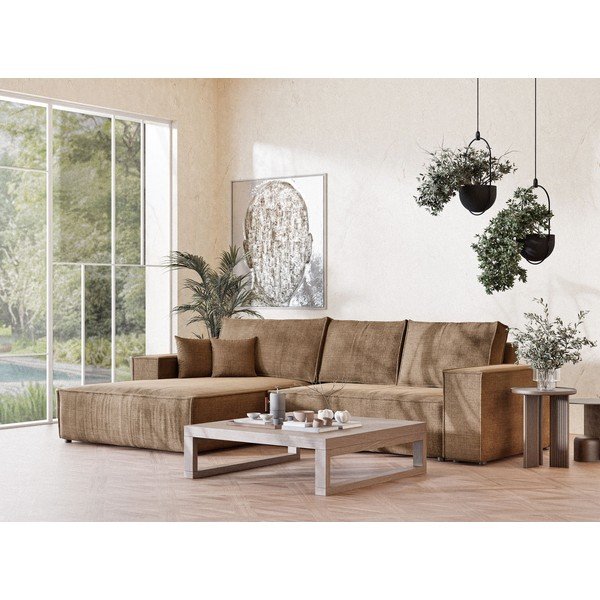 Divano angolare marrone chiaro allungabile/con contenitore (con penisola a sinistra/con chaise lounge) con rivestimento in ciniglia Maze – Maison de Rêve-image-1