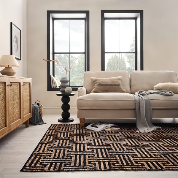 Tappeto nero/di colore naturale in misto iuta tessuto a mano 160x230 cm Meander Jute – Flair Rugs-image-2