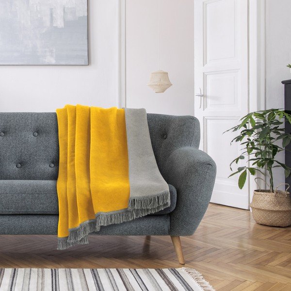 Coperta giallo-grigia in misto cotone , 150 x 200 cm Franse - AmeliaHome-image-1